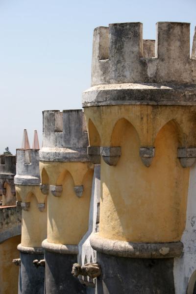 Close-up of some of the watchtowers of the Palace of Pena, Portugal