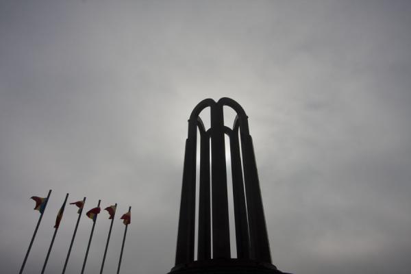 Foto van Mausoleum with flags at the highest point of Carol ParkGeghard klooster - ArmeniÃ«