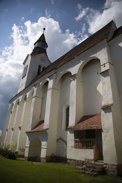 Looking up the fortified church of Buneşti, Romania