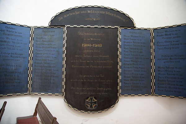 Panel with German soldiers who died in World War I, in the fortified church of Prejmer, Romania