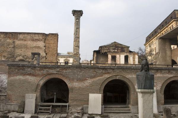 Ruins of the old citadel, newer buildings in the background, Romania