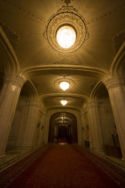 Corridor with lush carpets in the Palace of the Parliament | Palace of Parliament | Romania