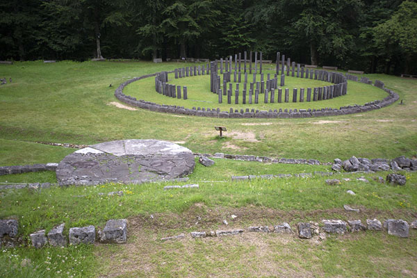 Overview of part of the sacred area with the large andesite sanctuary and the solar disk, Sarmizegetusa Regia, Romania