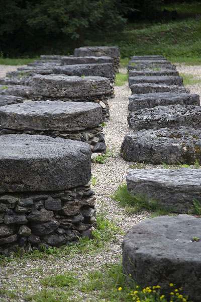 Row of circular blocks once supporting wooden columns of the large limestone sanctuary, Sarmizegetusa Regia, Romania
