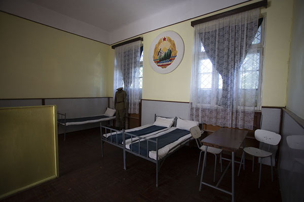 The room where the Ceaușescus slept, with the Romanian emblem of the Communist years, Romania