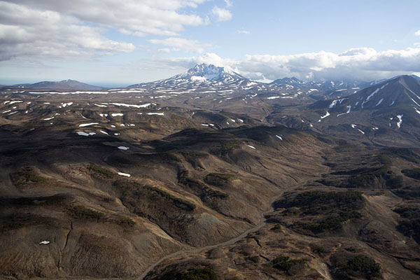 Landscape of central Kamchatka with Bolshoy Seyachik, Kamchatka from the air, Russia