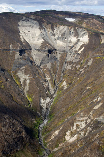 Traces of erosion in a narrow valley in central Kamchatka, Kamchatka from the air, Russia