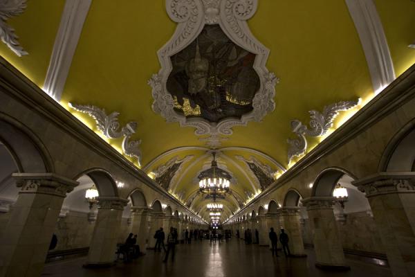 Picture of Komsomolskaya subway station with yellow ceilings and mosaics of war heroesMoscow - Russia