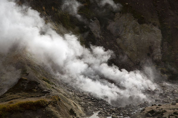Photo de Steam blowing away from the small Valley of the GeysersMutnovsky Valley of Geysers - Russie