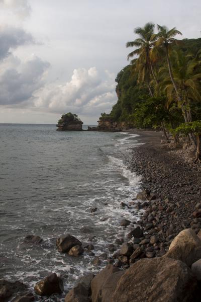 Looking at the northern side of Anse Chastanet, Saint Lucia The northern end of Anse Chastanet: a narrow beach, palm trees, and rock formations in the sea, Saint Lucia