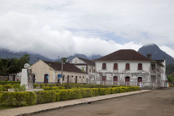 The main square of Santo Antonio with Pico Papagaio in the background, Santo Antonio, São Tomé and Príncipe