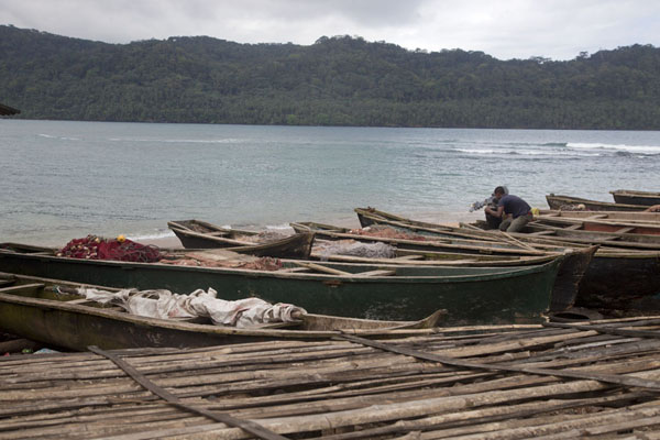 Fisher-boats docked on land in Porto Alegre, São Tomé and Príncipe