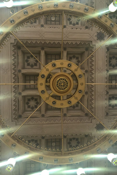 Looking up one of the enormous chandeliers of the Prophet Mosque, Medina mosques, Saudi Arabia