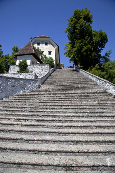 Looking up the South Staircase leading to the church on Bled Island | Meer van Bled | SloveniÃ«