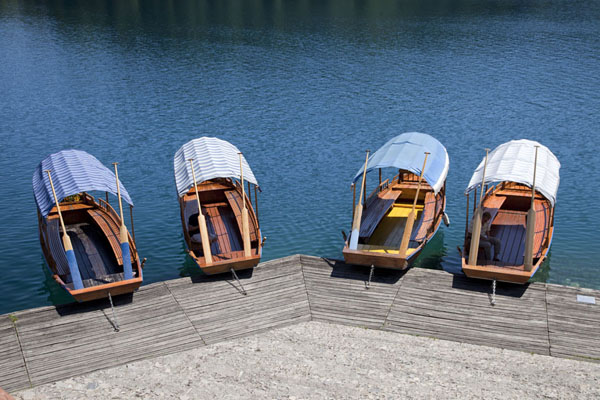Boats waiting for passengers docked at Bled Island | Meer van Bled | SloveniÃ«