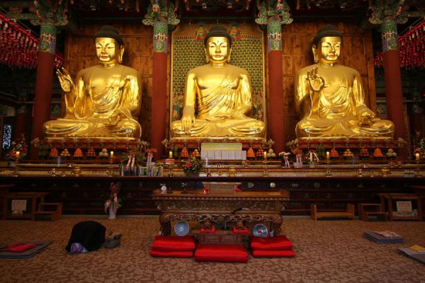 Three golden Buddha statues with praying woman, South Korea