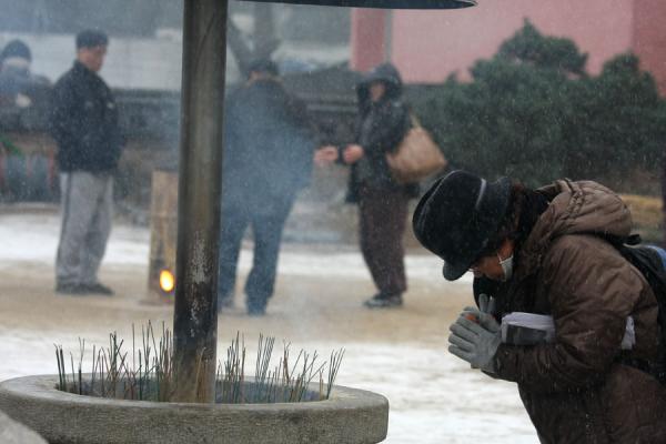 Woman praying outside Jogyesa, South Korea