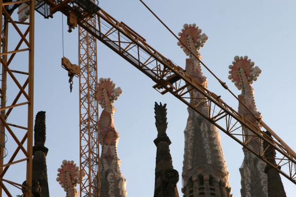 Detail of spires and cranes of the Sagrada Familia, Spain
