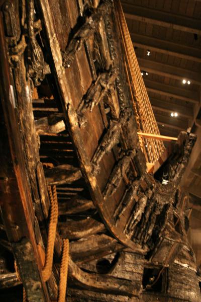 Part of the bow-sprit with clearly visible wooden sculptures, Vasa Museum, Sweden