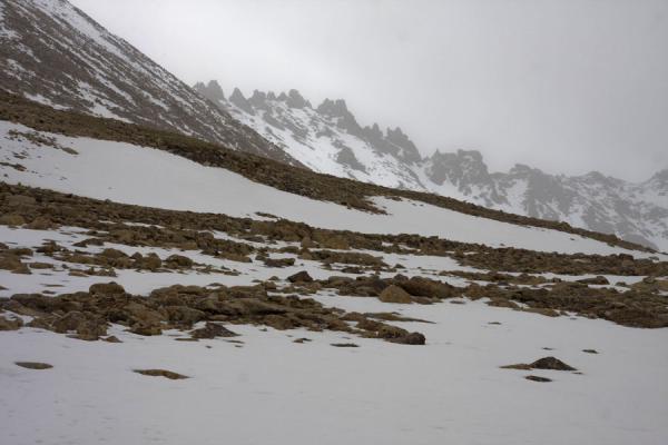 Summer snow coming down on the mountains of Keng Shiber | Keng Shiber | Tajikistan