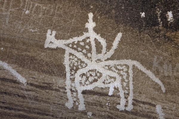 Horseman depicted in one of the petroglyphs, Tajikistan