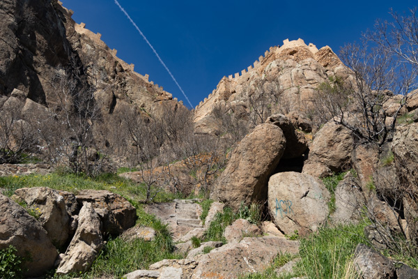 Crenellated walls of Afyonkarahisar Castle atop volcanic rock, Türkiye