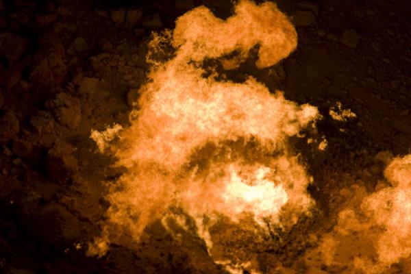 Close-up of one of the enormous flames of Darvaza gas crater, Turkmenistan